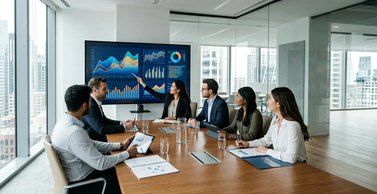 Tableau de bord stratégique avec graphiques montrant des indicateurs de déclin d'un marché