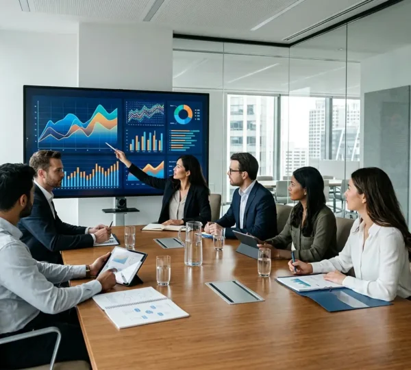 Tableau de bord stratégique avec graphiques montrant des indicateurs de déclin d'un marché