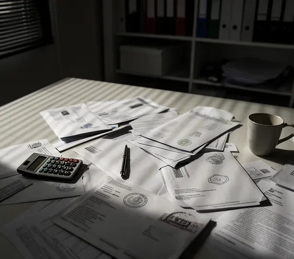 Bureau administratif avec courriers officiels et tampons sur une table, lumière inquiétante filtrant par les stores
