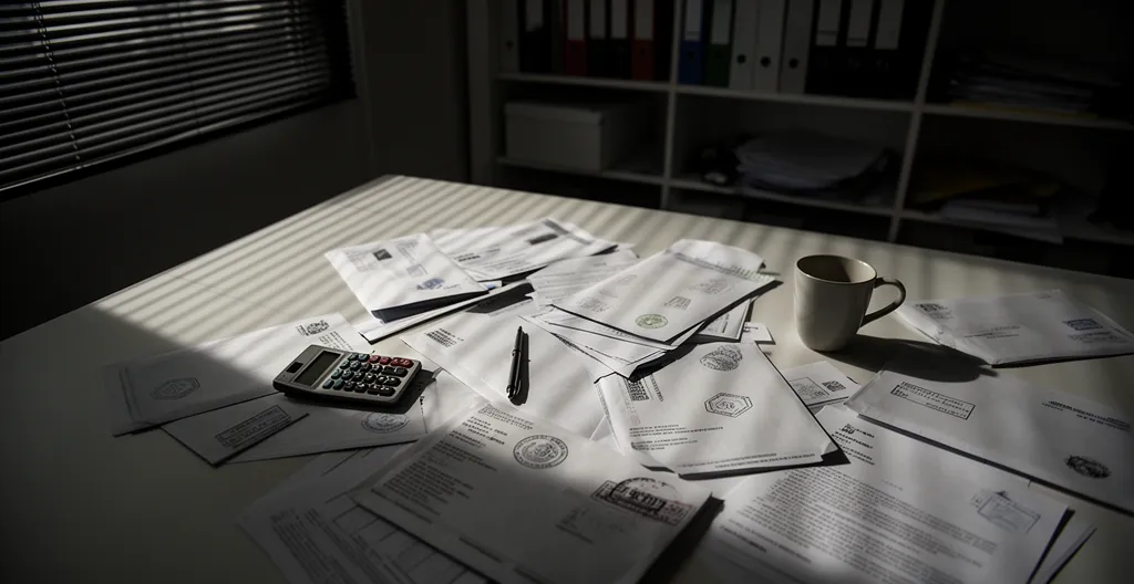 Bureau administratif avec courriers officiels et tampons sur une table, lumière inquiétante filtrant par les stores