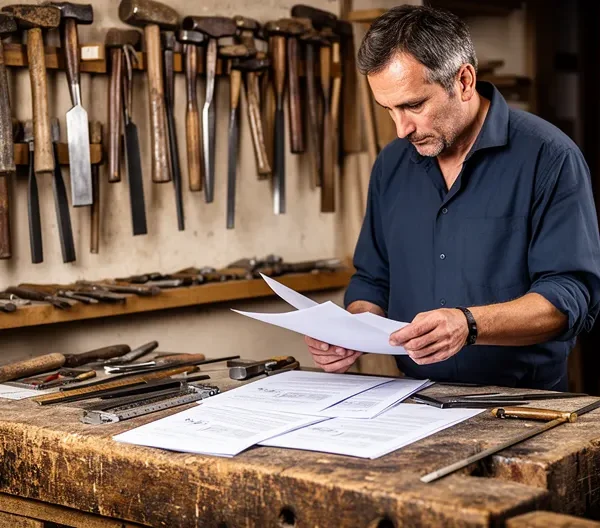 Artisan dans son atelier entouré de documents et diplômes illustrant les obligations réglementaires