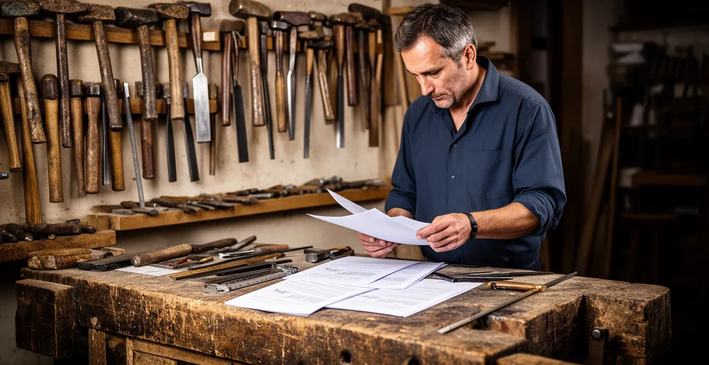 Artisan dans son atelier entouré de documents et diplômes illustrant les obligations réglementaires