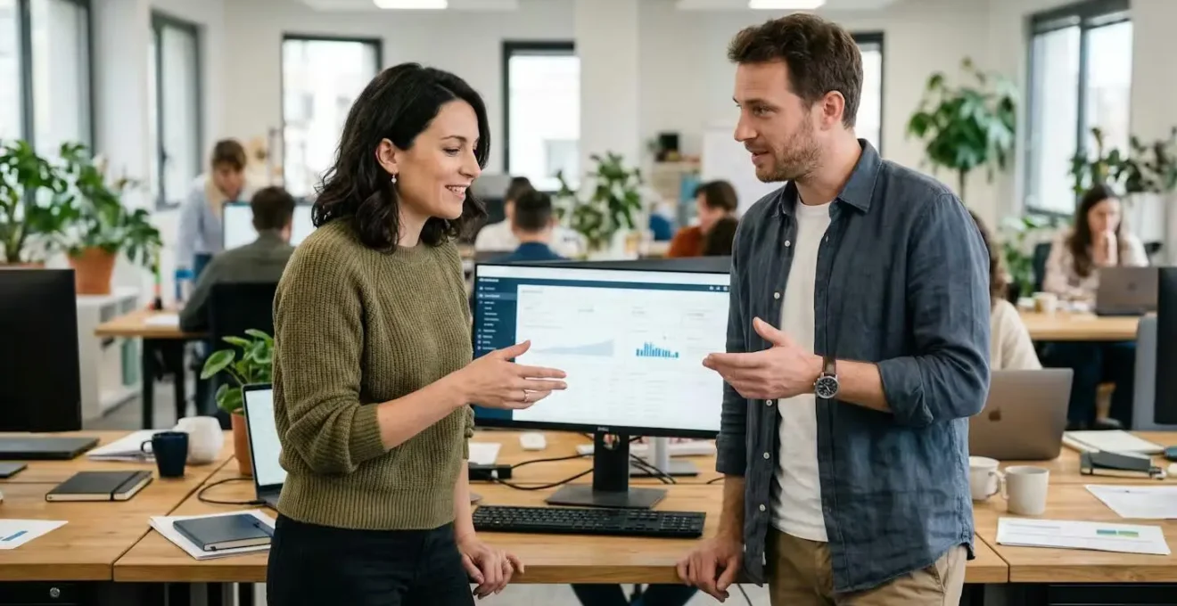 Deux associés français discutant des documents de création SARL devant un écran