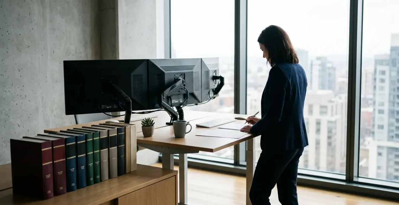 Espace de travail moderne avec écrans affichant des tableaux de bord de veille juridique automatisée