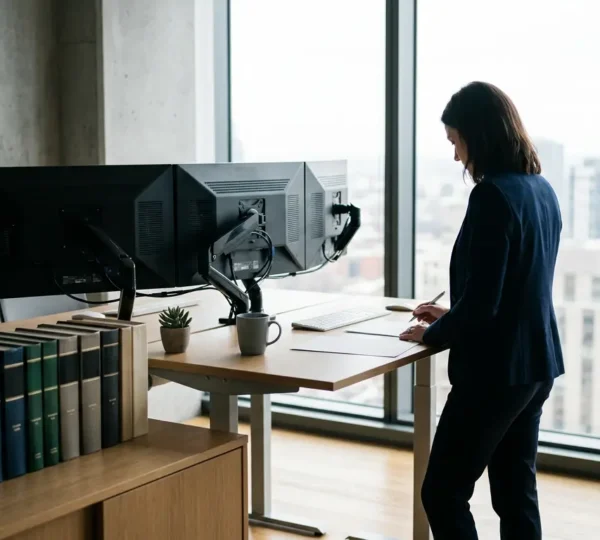 Espace de travail moderne avec écrans affichant des tableaux de bord de veille juridique automatisée