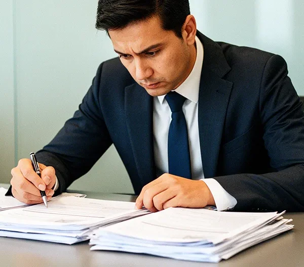 Entrepreneur analysant des documents administratifs avec plusieurs écrans montrant des indicateurs d'alerte