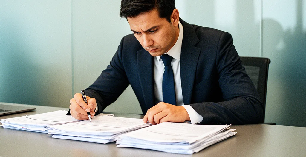 Entrepreneur analysant des documents administratifs avec plusieurs écrans montrant des indicateurs d'alerte