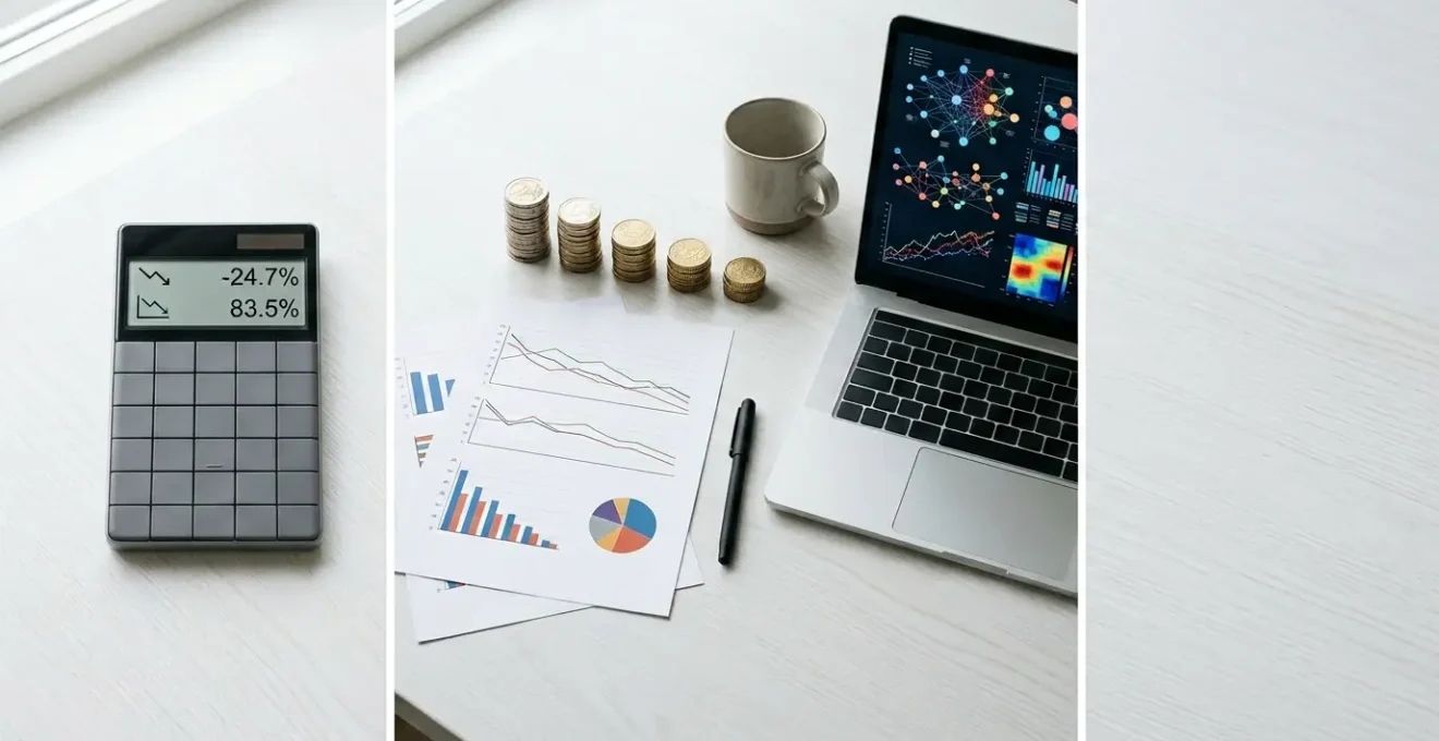 Vue en plongée d'un bureau avec calculatrice, graphiques de réduction et documents fiscaux