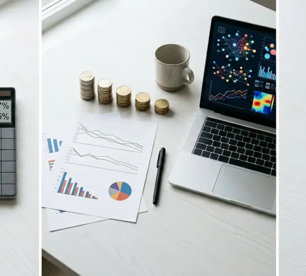 Vue en plongée d'un bureau avec calculatrice, graphiques de réduction et documents fiscaux