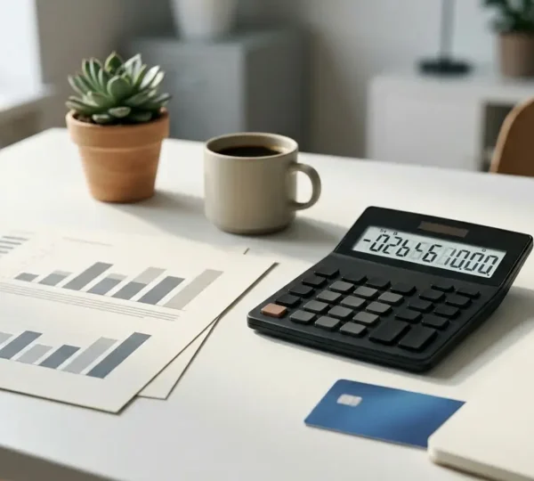 Calculatrice moderne et factures sur bureau d'indépendant montrant la conversion TJM vers salaire net