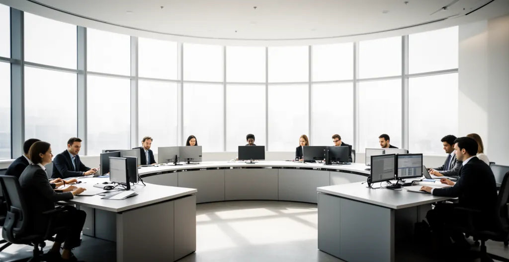 Équipe de gestion de crise en action dans une salle de contrôle moderne avec écrans de monitoring