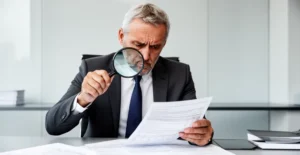 Consultant examinant attentivement des documents financiers à son bureau pour identifier les frais cachés en portage salarial