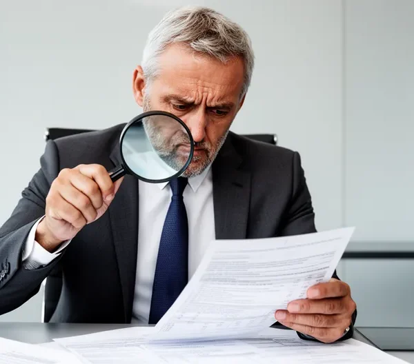 Consultant examinant attentivement des documents financiers à son bureau pour identifier les frais cachés en portage salarial