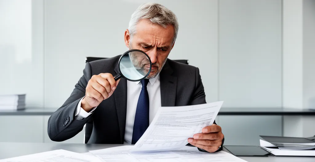 Consultant examinant attentivement des documents financiers à son bureau pour identifier les frais cachés en portage salarial