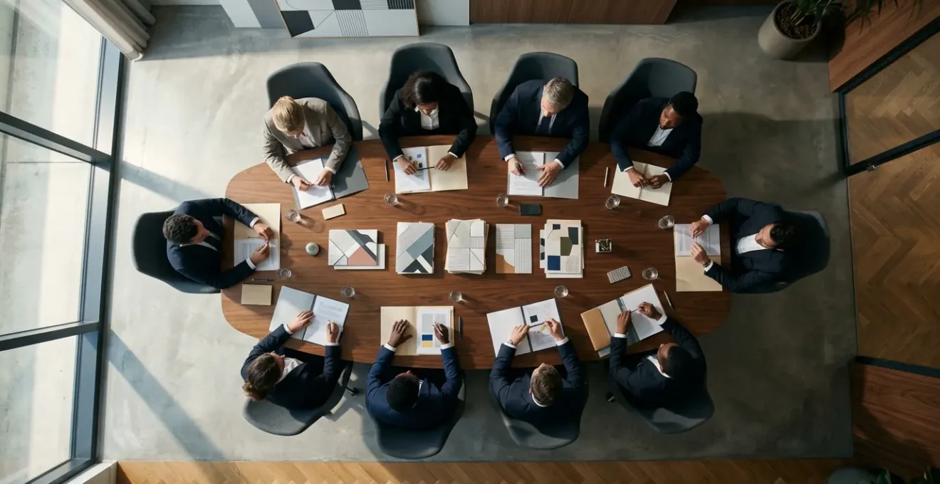 Vue en plongée d'une table de réunion dans un bureau français avec documents de travail et mains de personnes en discussion