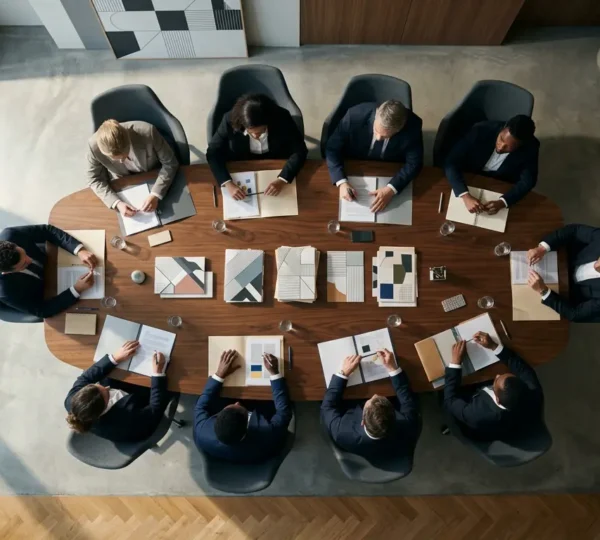 Vue en plongée d'une table de réunion dans un bureau français avec documents de travail et mains de personnes en discussion