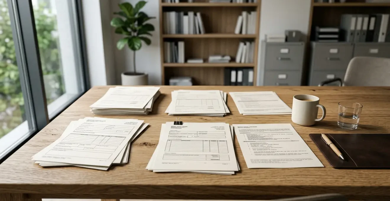 Bureau professionnel avec documents administratifs et formulaires de déclaration d'activité, éclairage naturel