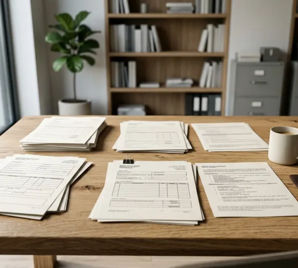 Bureau professionnel avec documents administratifs et formulaires de déclaration d'activité, éclairage naturel