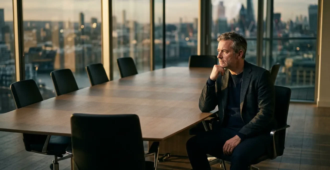 Portrait d'un entrepreneur pensif dans un environnement de travail moderne, illustrant la solitude du décideur