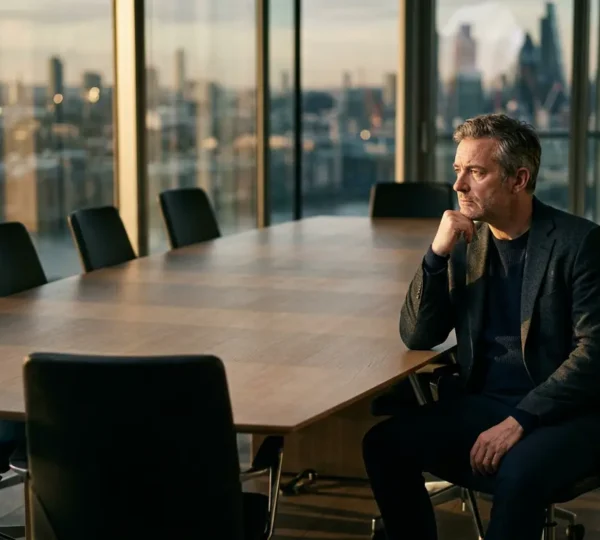 Portrait d'un entrepreneur pensif dans un environnement de travail moderne, illustrant la solitude du décideur