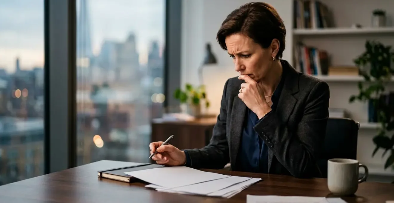 Dirigeant d'entreprise analysant des documents d'assurance dans un bureau moderne