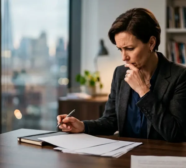 Dirigeant d'entreprise analysant des documents d'assurance dans un bureau moderne