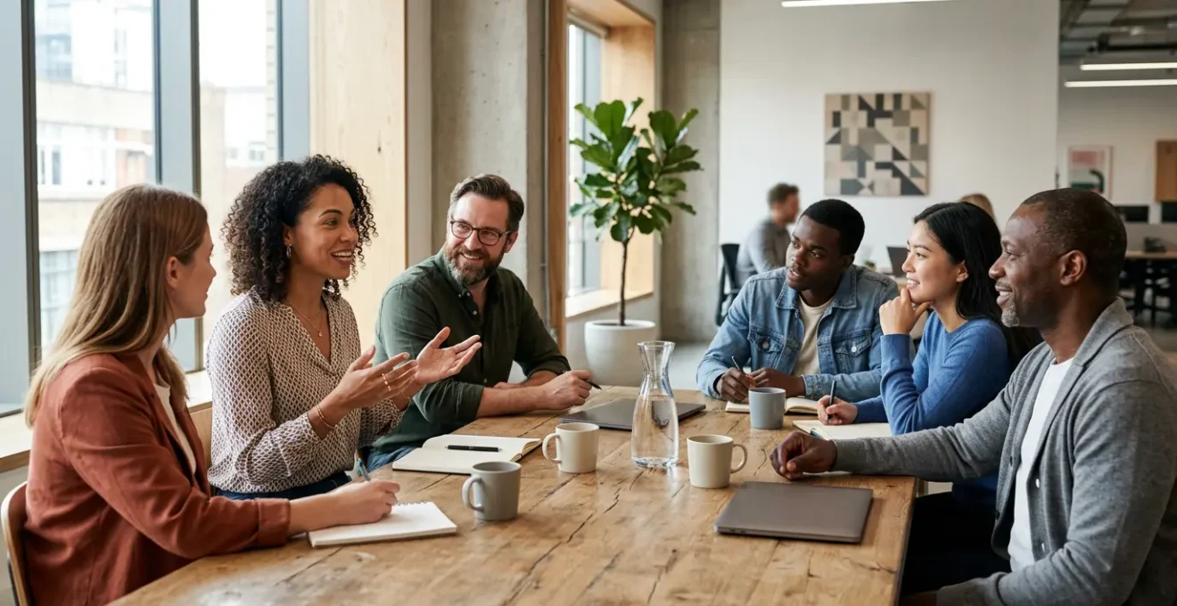 Groupe de professionnels indépendants réunis dans un espace de travail moderne et lumineux, échangeant des idées et documents lors d'une réunion fédérative