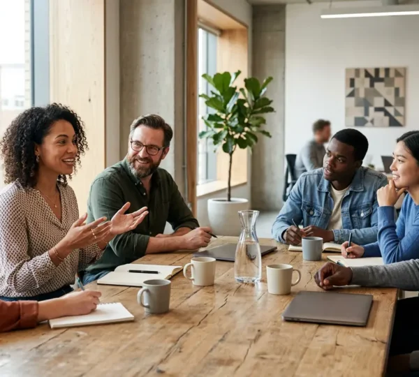 Groupe de professionnels indépendants réunis dans un espace de travail moderne et lumineux, échangeant des idées et documents lors d'une réunion fédérative