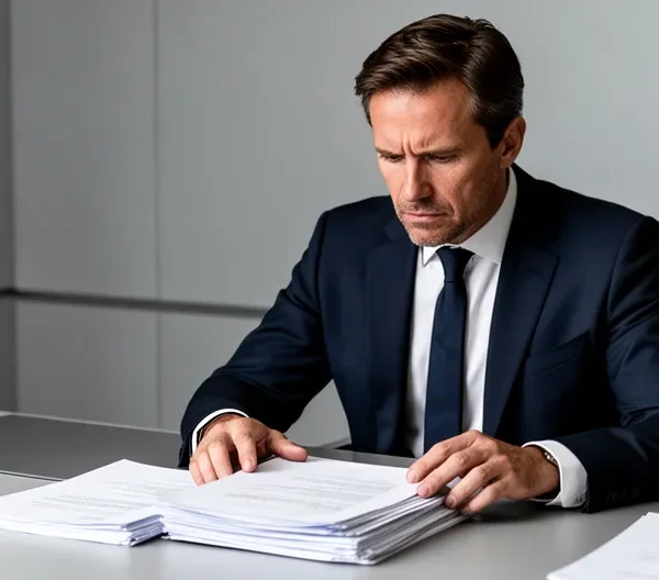 Un entrepreneur consultant un document Kbis dans un environnement de bureau moderne avec des éléments bancaires en arrière-plan