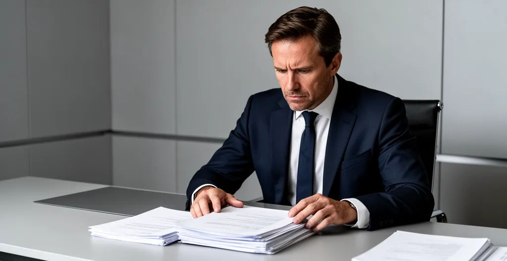 Un entrepreneur consultant un document Kbis dans un environnement de bureau moderne avec des éléments bancaires en arrière-plan