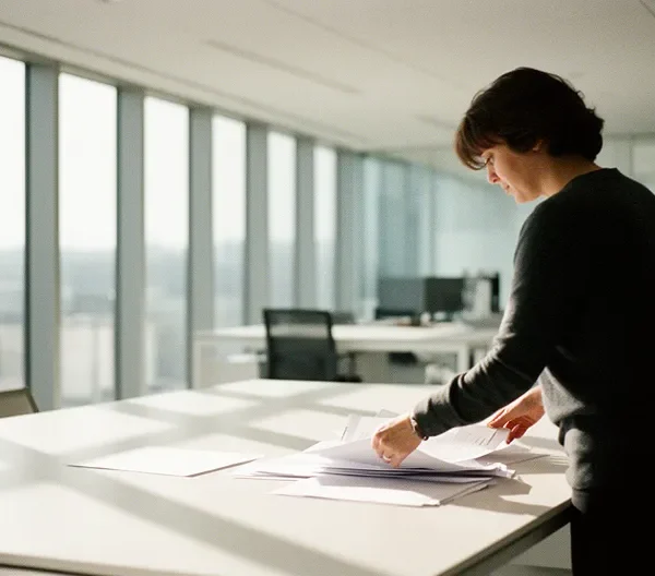 Entrepreneur consultant ses documents de création d'entreprise avec café et ordinateur portable en arrière-plan