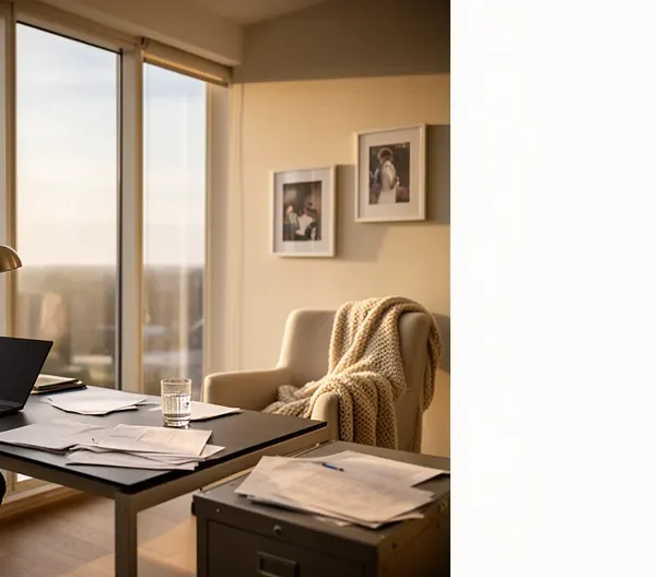 Entrepreneur travaillant dans son bureau à domicile avec une pile de documents officiels et un ordinateur portable, dans un environnement chaleureux mais professionnel