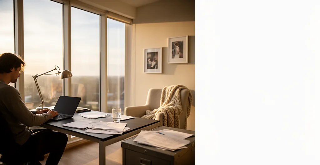 Entrepreneur travaillant dans son bureau à domicile avec une pile de documents officiels et un ordinateur portable, dans un environnement chaleureux mais professionnel