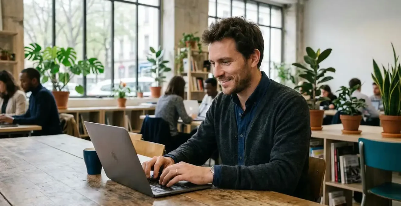 Entrepreneur français travaillant sur la création SARL en ligne depuis un espace de coworking