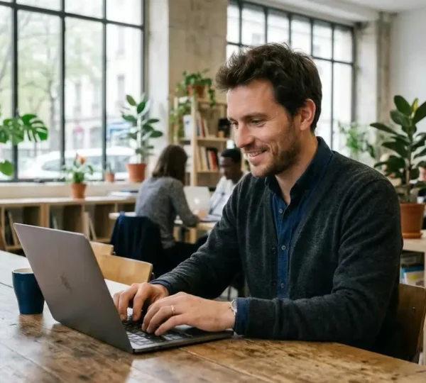 Entrepreneur français travaillant sur la création SARL en ligne depuis un espace de coworking