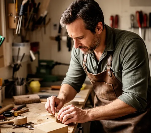 Portrait d'un entrepreneur travaillant dans son atelier, entouré d'outils et de documents, symbolisant la transition du RSA vers l'entrepreneuriat grâce au microcrédit