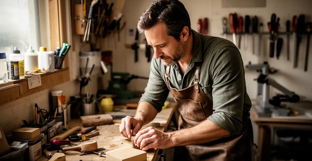 Portrait d'un entrepreneur travaillant dans son atelier, entouré d'outils et de documents, symbolisant la transition du RSA vers l'entrepreneuriat grâce au microcrédit