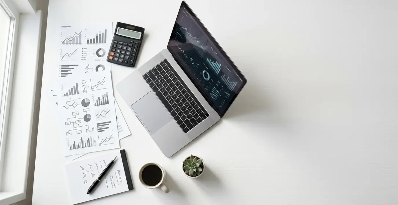 Vue plongeante d'un bureau avec graphiques financiers et calculatrice, symbolisant la gestion du besoin en fonds de roulement