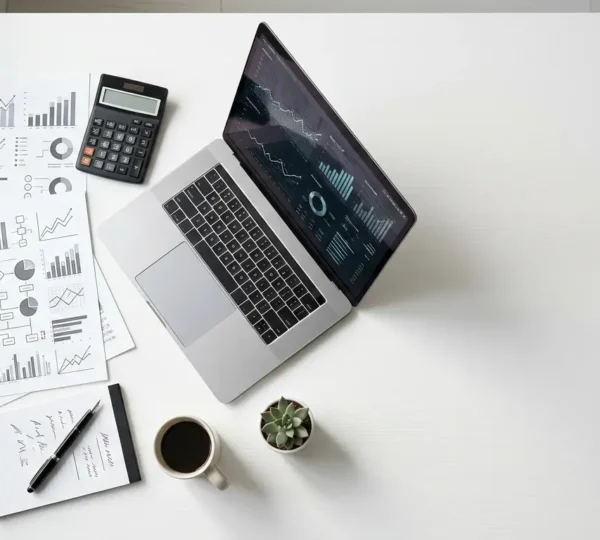 Vue plongeante d'un bureau avec graphiques financiers et calculatrice, symbolisant la gestion du besoin en fonds de roulement