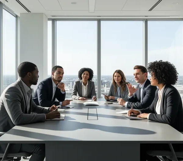 Équipe de direction d'une PME analysant des tableaux de bord sur grand écran lors d'une réunion stratégique pour le choix d'un CRM