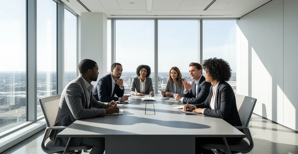 Équipe de direction d'une PME analysant des tableaux de bord sur grand écran lors d'une réunion stratégique pour le choix d'un CRM