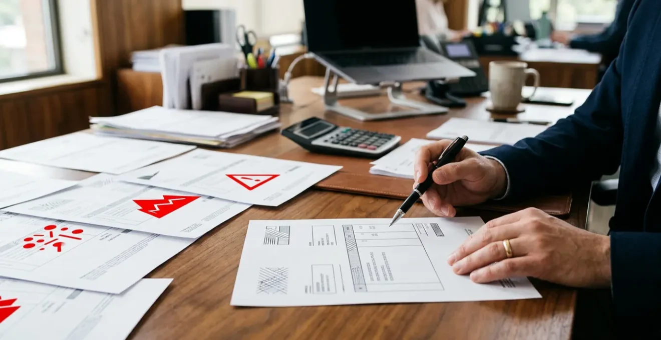 Documents de facturation avec marqueurs d'alerte sur un bureau professionnel, illustrant les erreurs critiques dans le recouvrement de créances