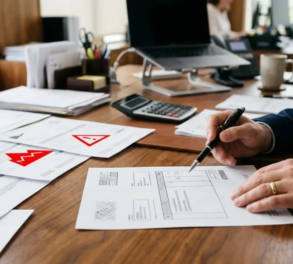 Documents de facturation avec marqueurs d'alerte sur un bureau professionnel, illustrant les erreurs critiques dans le recouvrement de créances