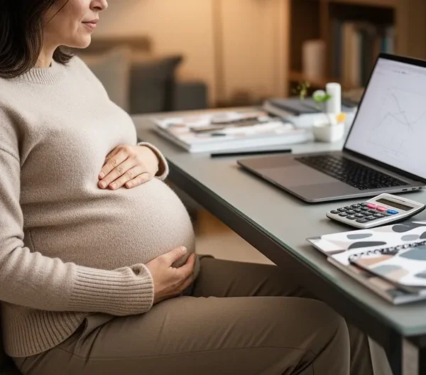 Femme enceinte indépendante travaillant depuis son bureau à domicile avec documents financiers