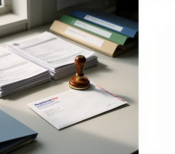 Dossier de formulaires Cerfa sur bureau avec tampon administratif et lettre recommandée