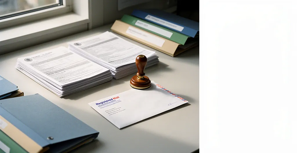 Dossier de formulaires Cerfa sur bureau avec tampon administratif et lettre recommandée