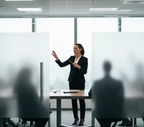 Leader dirigeant symboliquement son équipe avec une gestuelle harmonieuse dans un environnement professionnel moderne