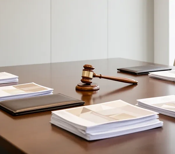 Réunion professionnelle dans une salle de conférence moderne avec documentation juridique