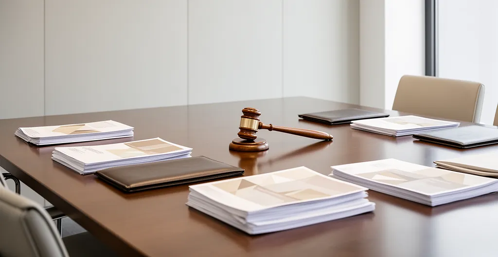 Réunion professionnelle dans une salle de conférence moderne avec documentation juridique