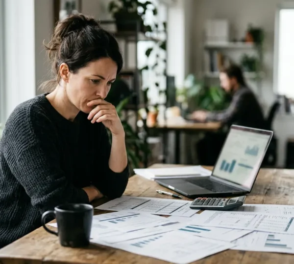 Entrepreneur examinant des documents comptables avec une calculatrice, exprimant une réflexion profonde sur les charges financières